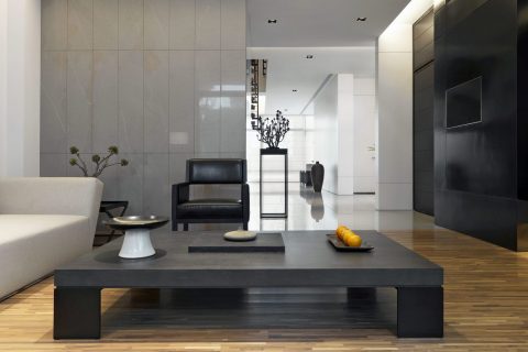 Barevnost minimalistického interiéru je většinou střídmá, v neutrálních tónech. Odstíny šedé oživuje jasná bílá na stropě a stěnách spolu s černými detaily. Zde je černá použitá odvážně na celou jednu stěnu, aby vyvážila rozlehlý antracitový stolek. Interiér v chladných barvách pocitově prohřívá dřevěná podlaha