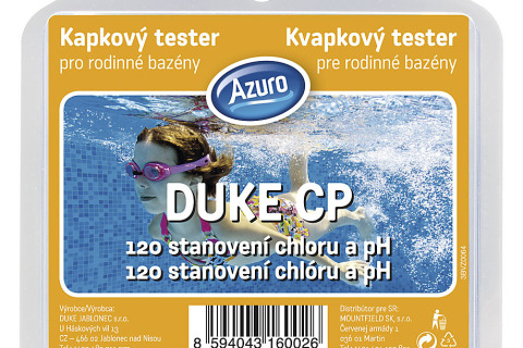 Kapkový tester Azuro DUKE CP pro měření chloru a pH. Obsah chloru by měl být udržován v rozmezí 0,3–0,5 mg/l, pro hodnotu pH se doporučuje rozmezí 7,0–7,4 (MOUNTFIELD)